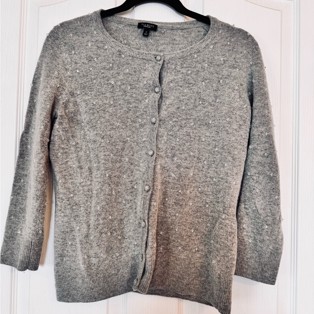 Talbots Light Gray Women's Cardigan Sweater Embellished Crystals Lambswool Sz S